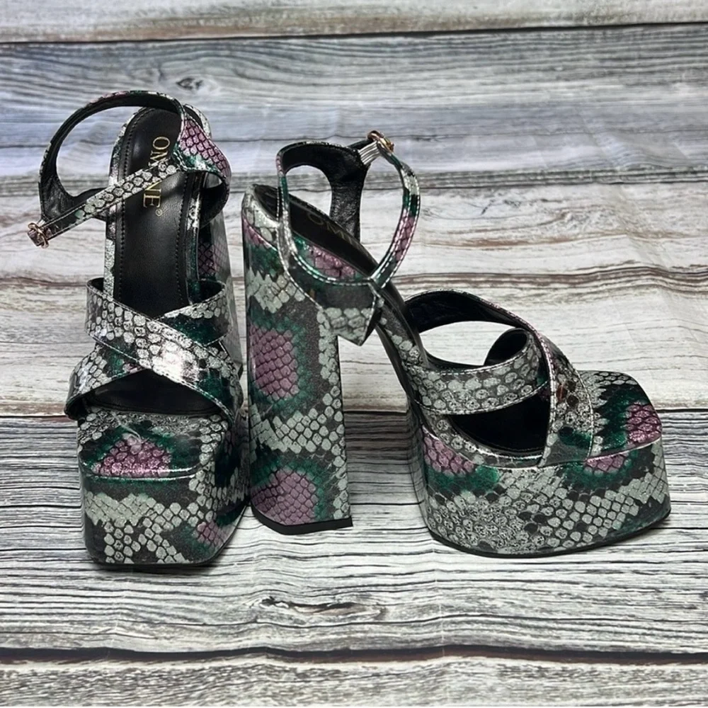 OMINE Women’s Platform 6.5” Heels – Purple/Silver/Green/Black – Size 6